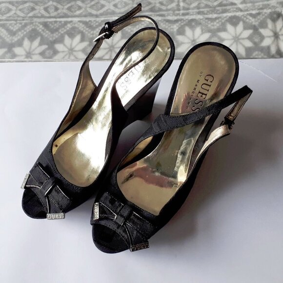 Guess black fabric open back wedge sandal shoe 6M - Picture 2 of 7